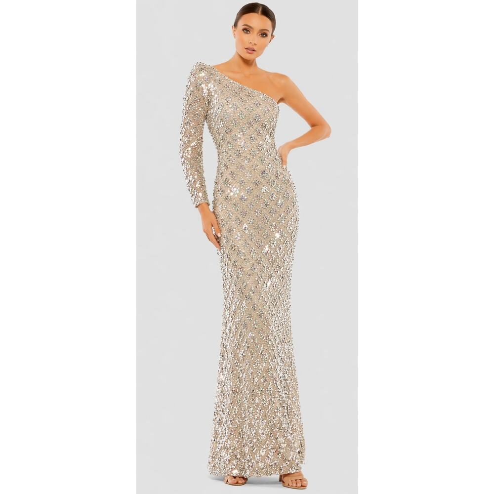 MAC DUGGAL‎ 12 One Shoulder Sleeve NEW Beaded Gown Gold Formal Evening Dress